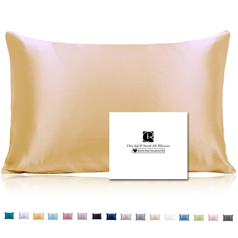 Ravmix Silk Pillow Cases with Zipper, 21momme Mulberry Silk Pillowcase for Hair Skin Health, Soft Smooth Breathable Cool Pillow Cover for Beauty Sleep with Gift Box 1PC(Queen 20"x30", Gold) - Image 1